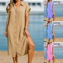 Chic Women's Short Sleeve Shirt Dress with Button Placket & Slits