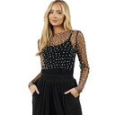 Chic Pearl-Embellished Sheer Sleeve Top