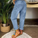 Distressed Women's Boyfriend Jeans with Button Placket