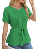 Chic Pleated Blouse with Waist Belt for Women