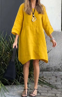 Chic Women's Linen Dress with Asymmetrical Hem and Pockets