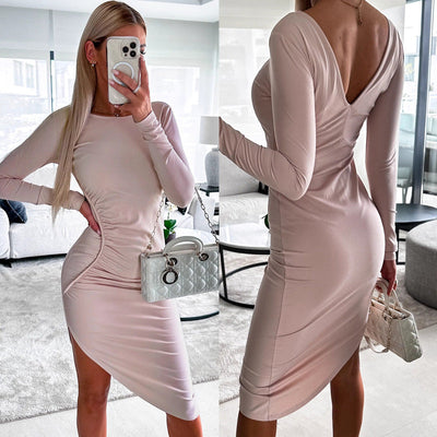Contemporary Women’s Long Sleeve Asymmetrical Dress with Ruffle Detailing
