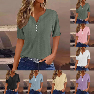 Women's Short Sleeve Blouse with Lace Details and Button Accents