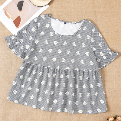 Floral Ruffle Short Sleeve Blouse for Women