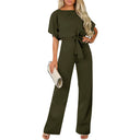 Women's Long Jumpsuit with Tie Belt & Cap Sleeves