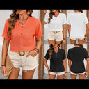 Textured Short Sleeve Blouse with Button Closure