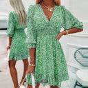 Floral V-Neck Dress with Puff Sleeves