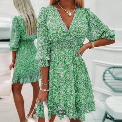 Floral V-Neck Dress with Puff Sleeves