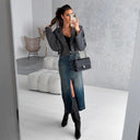 High Slit Women's Denim Skirt in Trendy Distressed Style