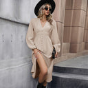Chic Midi Dress with V-Neck & Button Accents