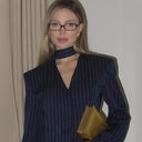 Stylish Striped V-Neck Blouse with Slim Belt for Women