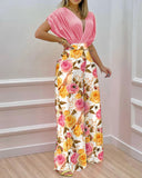 Floral Print Women's Blouse and Wide Leg Pant Set