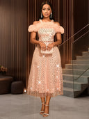 Chic Midi Dress with Sheer Puff Sleeves and Glitter Accents