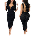 Chic Women's Midi Dress with Deep V-Neck and Peplum Hem