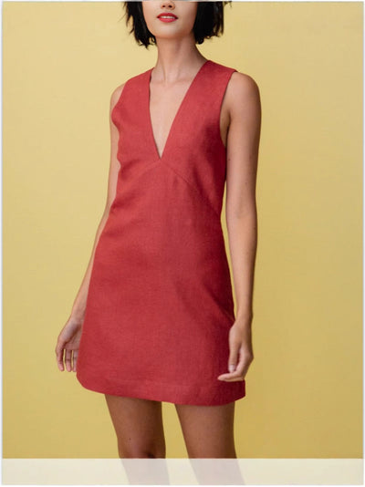 Women's Linen Dress with Deep V-Neck and Sleeveless Style
