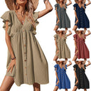 Chic Women's Summer Dress with Ruffle Accents and Button Closure