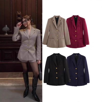 Chic Checked Blazer Jacket with Gold Buttons