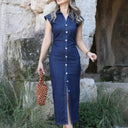 Button-Up Midi Dress with Ruching Design