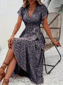 V-Neck Dress with Flowing Hem Design
