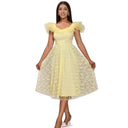 Women's Floral Lace Midi Dress with Tulle Sleeves
