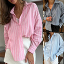 Striped Women's Blouse with Rounded Hem and Button Closure