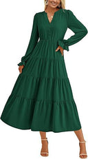 Chic Women's Maxi Dress with Button Details and Flowing Sleeves