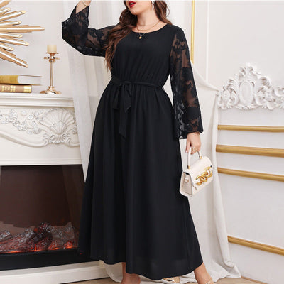 Maxi Dress with Sheer Sleeves and Stylish Waist Tie