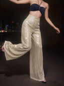 Women's Glossy Wide Leg Pants with Shimmering Detail