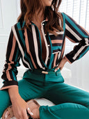 Striped Long Sleeve Blouse with Stylish Button Placket