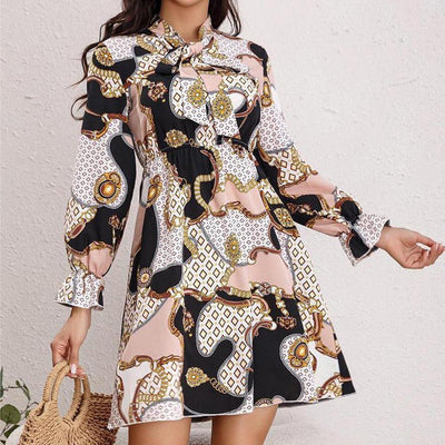 Chic Women's Bow Collar Dress with Tie Belt