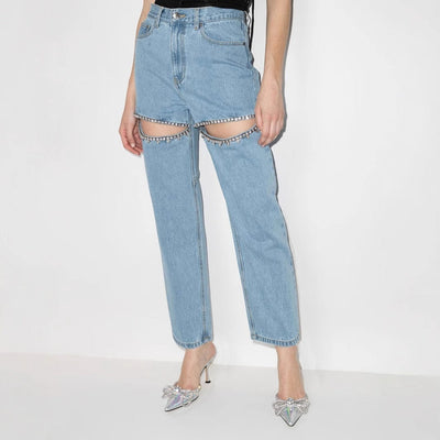 Rhinestone-Embellished Women's Jeans with Trendy Cutouts