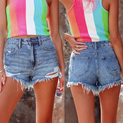 Chic Women's Frayed Hem Denim Shorts