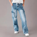 Women's Wide Leg Cargo Jeans with Adjustable Waist