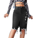 High-Slit Denim Skirt with Fringe Hem