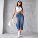 Chic Women's Denim Midi Skirt with High Slit and Frayed Hem