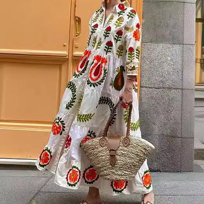 Checkered Long Sleeve Dress with Floral Embroidery