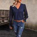 Women’s V-Neck Blouse with Sheer Puff Sleeves