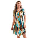 Geometric Pattern Women's Short Sleeve Dress with Button Placket