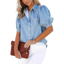Women's Denim Blouse with Balloon Sleeves & Chest Pocket
