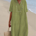 Women's V-Neck Midi Dress with Short Sleeves