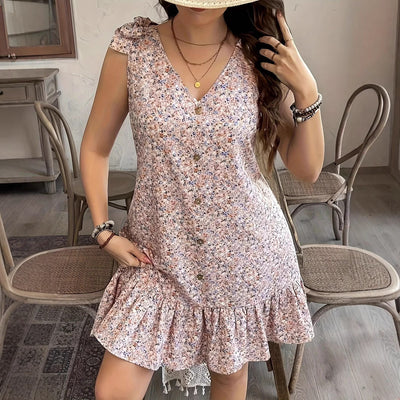 Chic Women's Summer Dress with Ruffle and Button Design