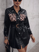Animal Print Faux Leather Shirt Dress for Women