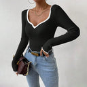 Women's V-Neck Long Sleeve Bodysuit with Stylish Contrast Accents