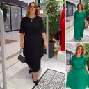 Chic Midi Dress with Sheer Sleeves and Ruffle Details