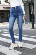 High-Waist Women's Jeans with Elastic Waist and Handy Pockets