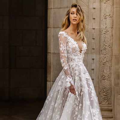 Lace-Embellished V-Neck Women's Wedding Dress