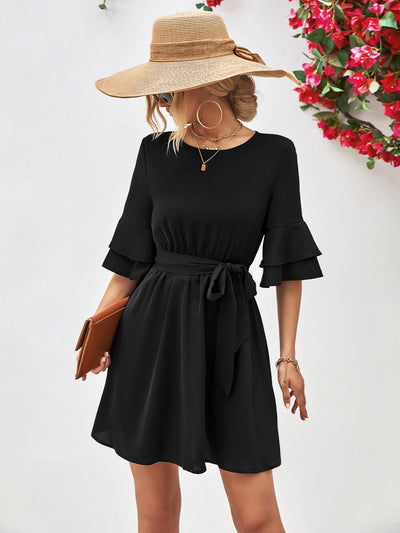 Chic Women's Ruffle Dress with Adjustable Belt