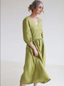 Chic Women's V-Neck Linen Dress - Flowing Design
