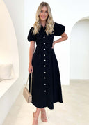 Chic Knee-Length Shirt Dress with Puff Sleeves
