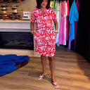 Graphic Print Short Sleeve Shirt Dress with Side Pockets